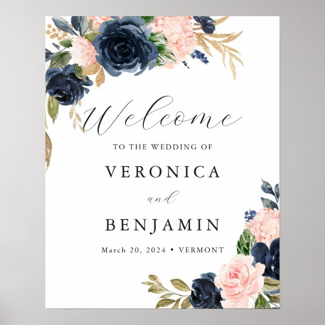 Navy Blush Floral Welcome Sign (Front)