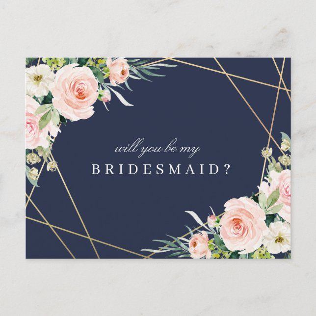 navy & blush floral will you be my bridesmaid card (Front)