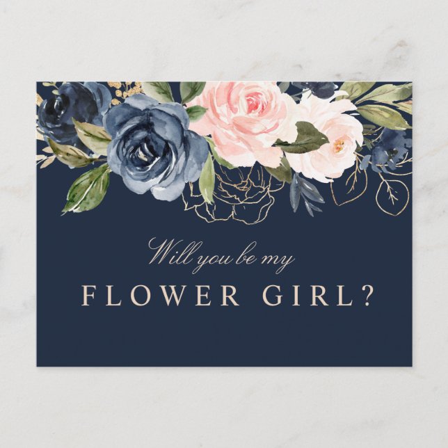 Navy blush floral will you be my flower girl card (Front)