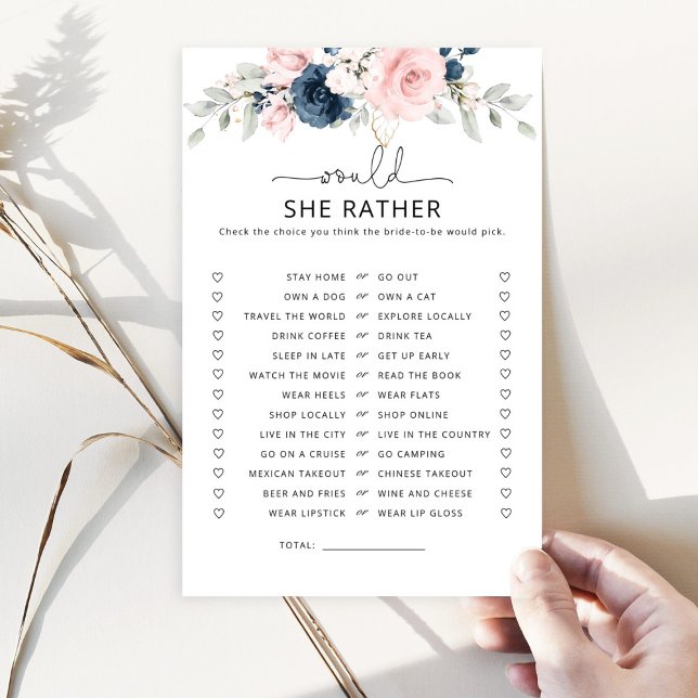 Navy blush floral Would she rather bridal game (Creator Uploaded)