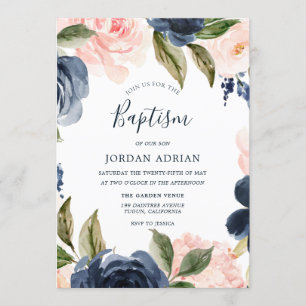 Navy & Blush Floral Wreath Boy Or Girls Baptism Invitation