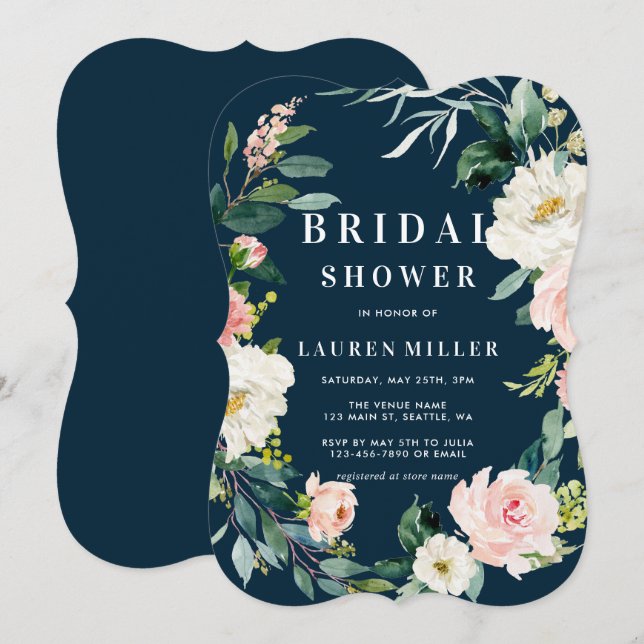 Navy Blush Floral Wreath Bridal Shower Invitation (Front/Back)