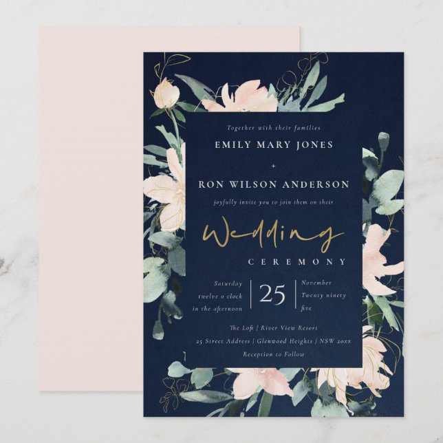 NAVY BLUSH FLORAL WREATH INK WATERCOLOR WEDDING INVITATION (Front/Back)