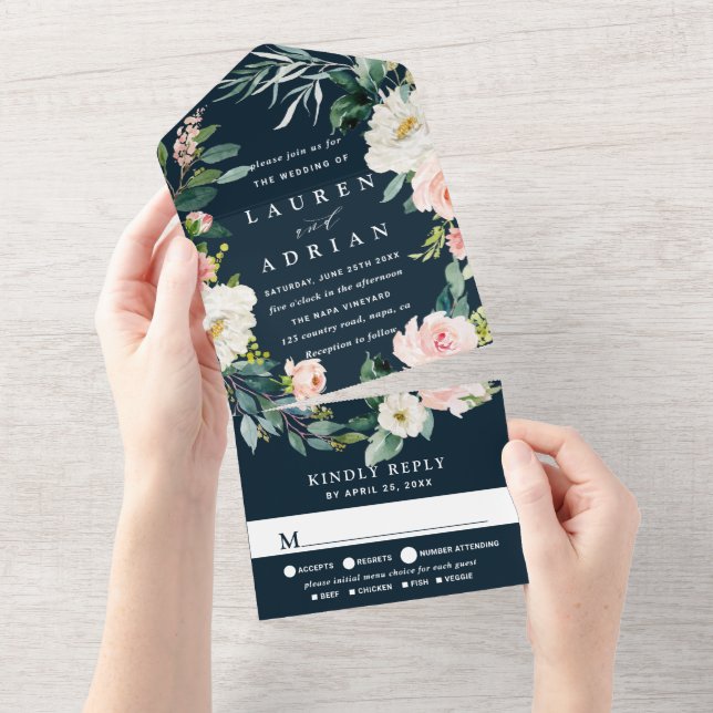 Navy Blush Floral Wreath Weddin All In One Invitation (Tearaway)