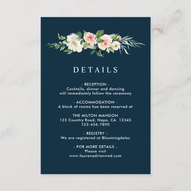 Navy Blush Floral Wreath Wedding Details Enclosure Card (Front)