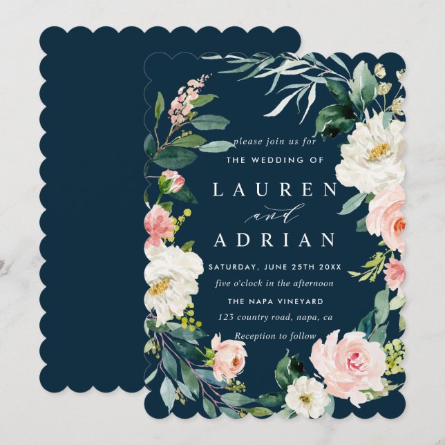 Navy Blush Floral Wreath Wedding Invitation (Front/Back)