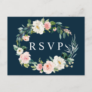 Navy Blush Floral Wreath Wedding RSVP Postcard