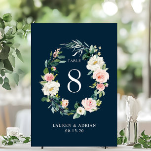 Navy Blush Floral Wreath Wedding Table Number