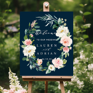 Navy Blush Floral Wreath Wedding Welcome Sign