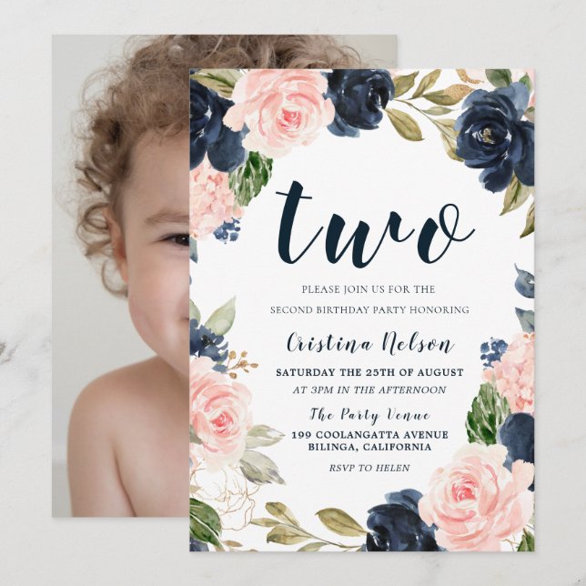 Navy Blush Flowers 2nd Birthday Party Boy or Girl Invitation (Front/Back)