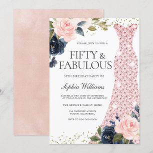 Navy Blush Flowers 50th Birthday Fifty & Fabulous Invitation