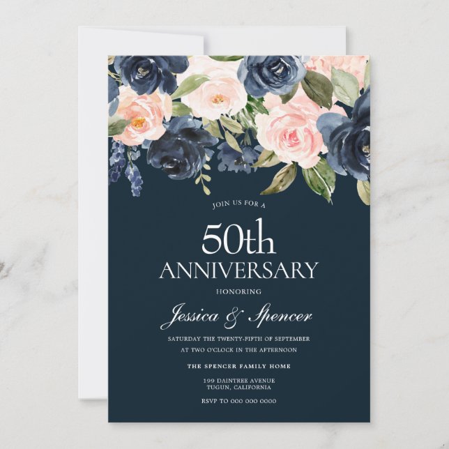 Navy & Blush Flowers 50th Wedding Anniversary Invitation (Front)