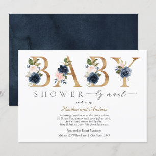 Navy Blush Flowers and Gold Baby Shower by Mail Invitation