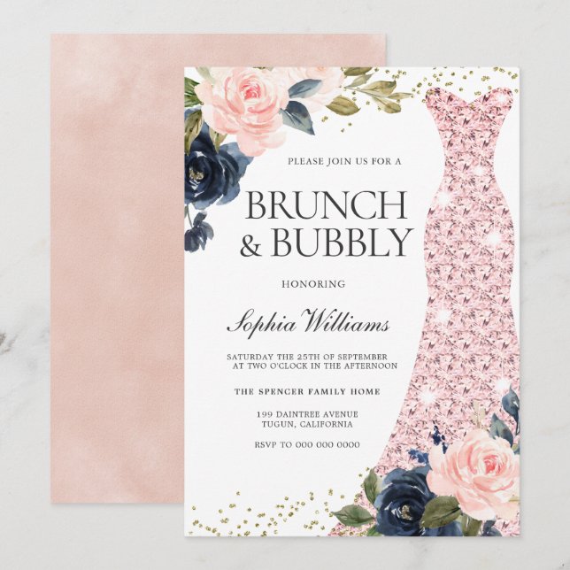 Navy & Blush Flowers Bridal Shower Brunch & Bubbly Invitation (Front/Back)