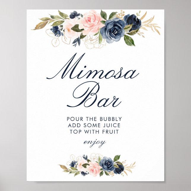 navy & blush flowers bridal shower mimosa bar sign (Front)