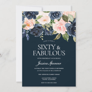 Navy & Blush Flowers Fabulous 60th Birthday Party Invitation