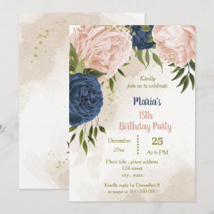 navy blush flowers green leaves birthday invitation