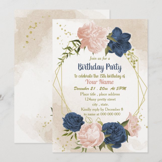 navy blush flowers green leaves birthday invitation (Front/Back)