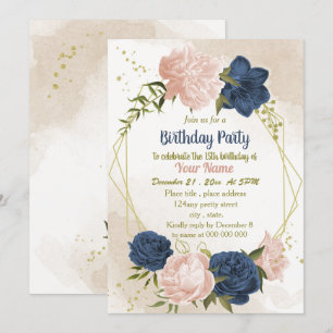 navy blush flowers green leaves birthday invitation