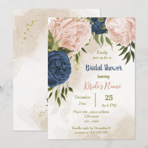 navy blush flowers green leaves bridal shower invitation
