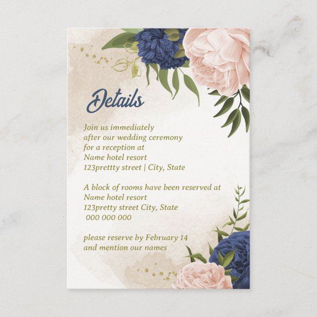 navy blush flowers green leaves enclosure card (Front)