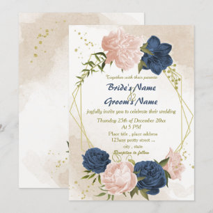navy blush flowers green leaves geometric wedding invitation