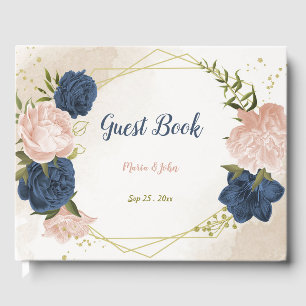 navy blush flowers green leaves guest book
