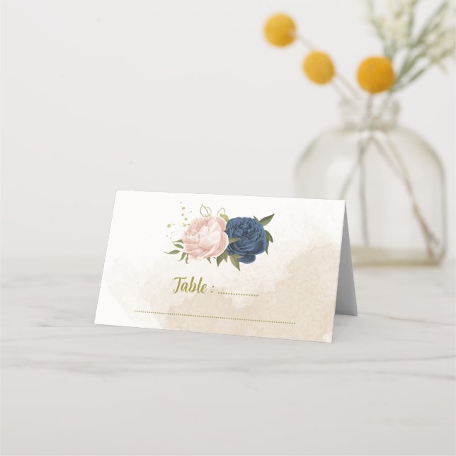 navy blush flowers green leaves place card (Front)