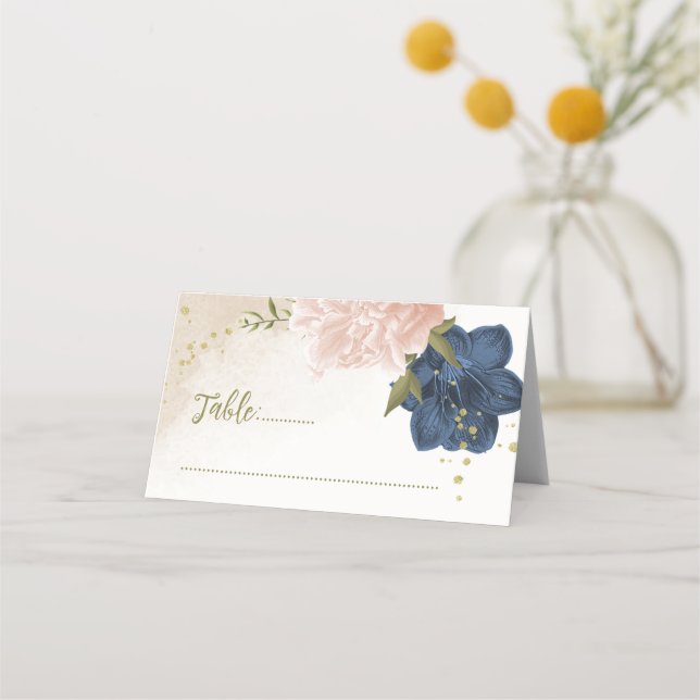 navy blush flowers green leaves place card (Front)