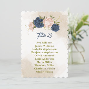 navy blush flowers green leaves seating chart card