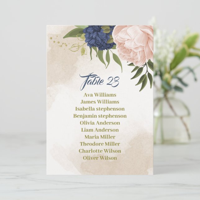 navy blush flowers green leaves seating chart card (Standing Front)