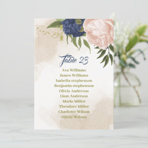 navy blush flowers green leaves seating chart card