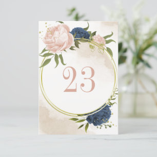 navy blush flowers green leaves table number