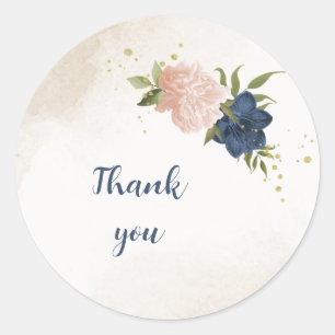 navy blush flowers green leaves wedding classic round sticker