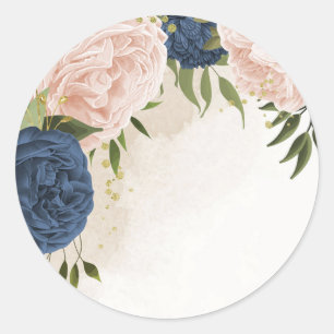 navy blush flowers green leaves wedding classic round sticker