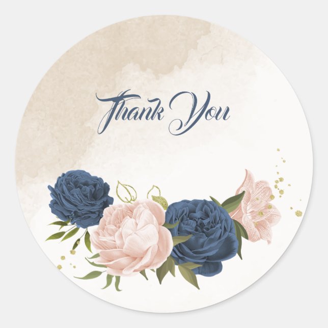 navy blush flowers green leaves wedding classic round sticker (Front)