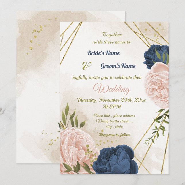 navy blush flowers green leaves wedding invitation (Front/Back)