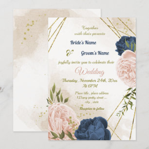 navy blush flowers green leaves wedding invitation