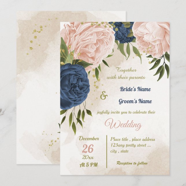 navy blush flowers green leaves wedding invitation (Front/Back)