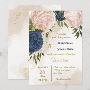 navy blush flowers green leaves wedding invitation