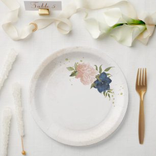 navy blush flowers green leaves wedding paper plate