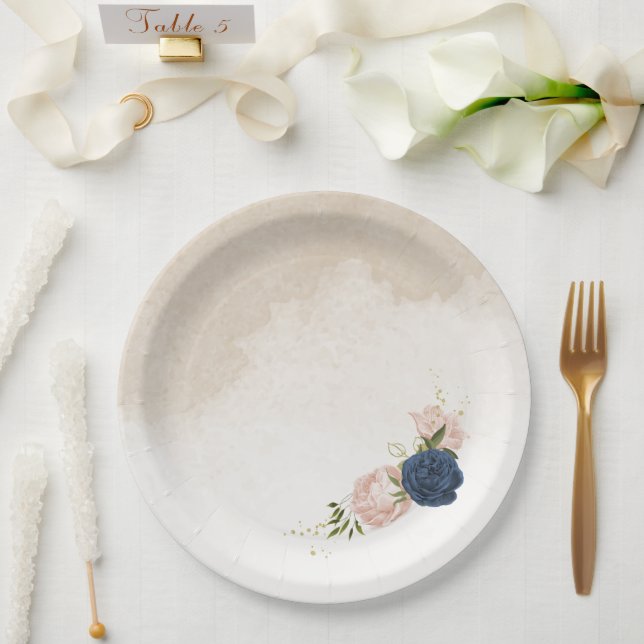 navy blush flowers green leaves wedding paper plate (Wedding)