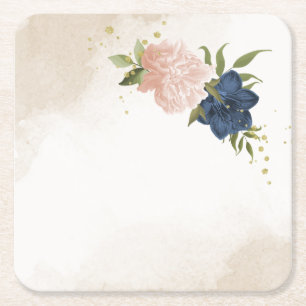 navy blush flowers green leaves wedding square paper coaster