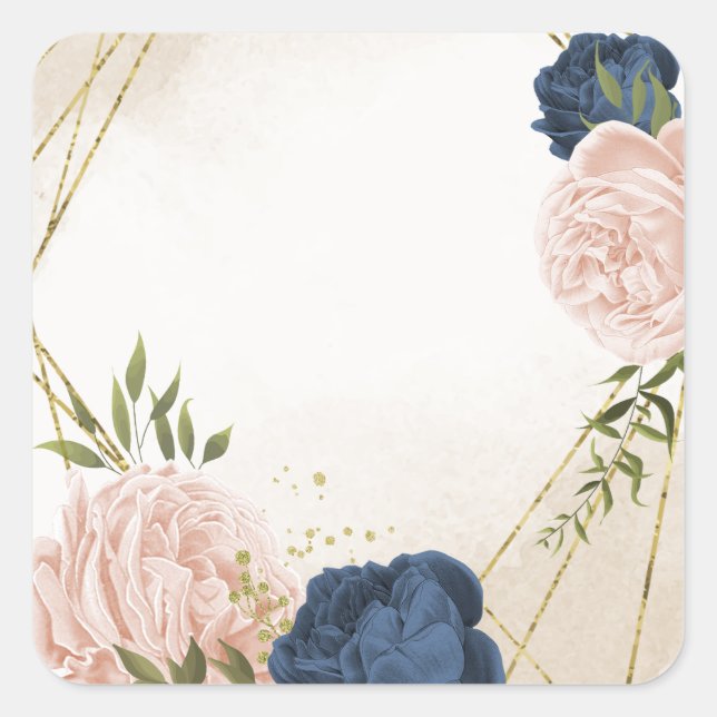 navy blush flowers green leaves wedding square sticker (Front)