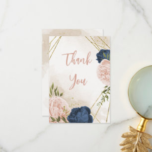 navy blush flowers green leaves wedding thank you card
