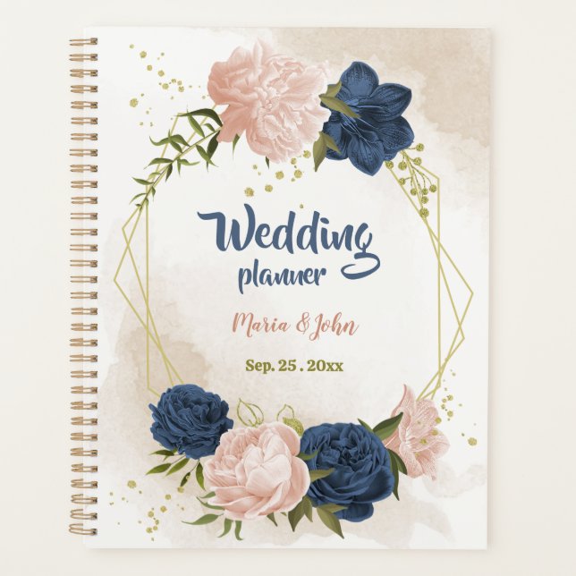 Navy & blush flowers greenery wedding  planner (Front)