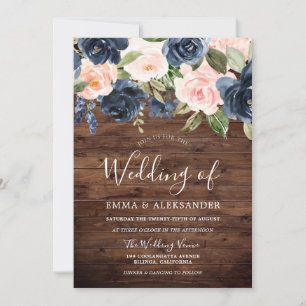 Navy & Blush Flowers Rustic Country Wedding Invitation