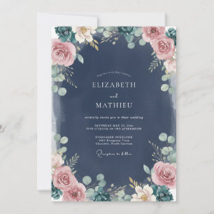 Navy Blush Foliage Eucalyptus Wedding Invitation
