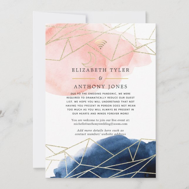 Navy & Blush Geometric Virtual Wedding Guest List Announcement (Front)