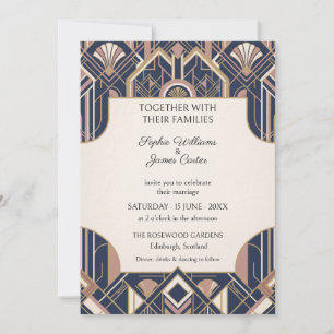 Navy Blush Gold Art Deco Wedding Invitation
